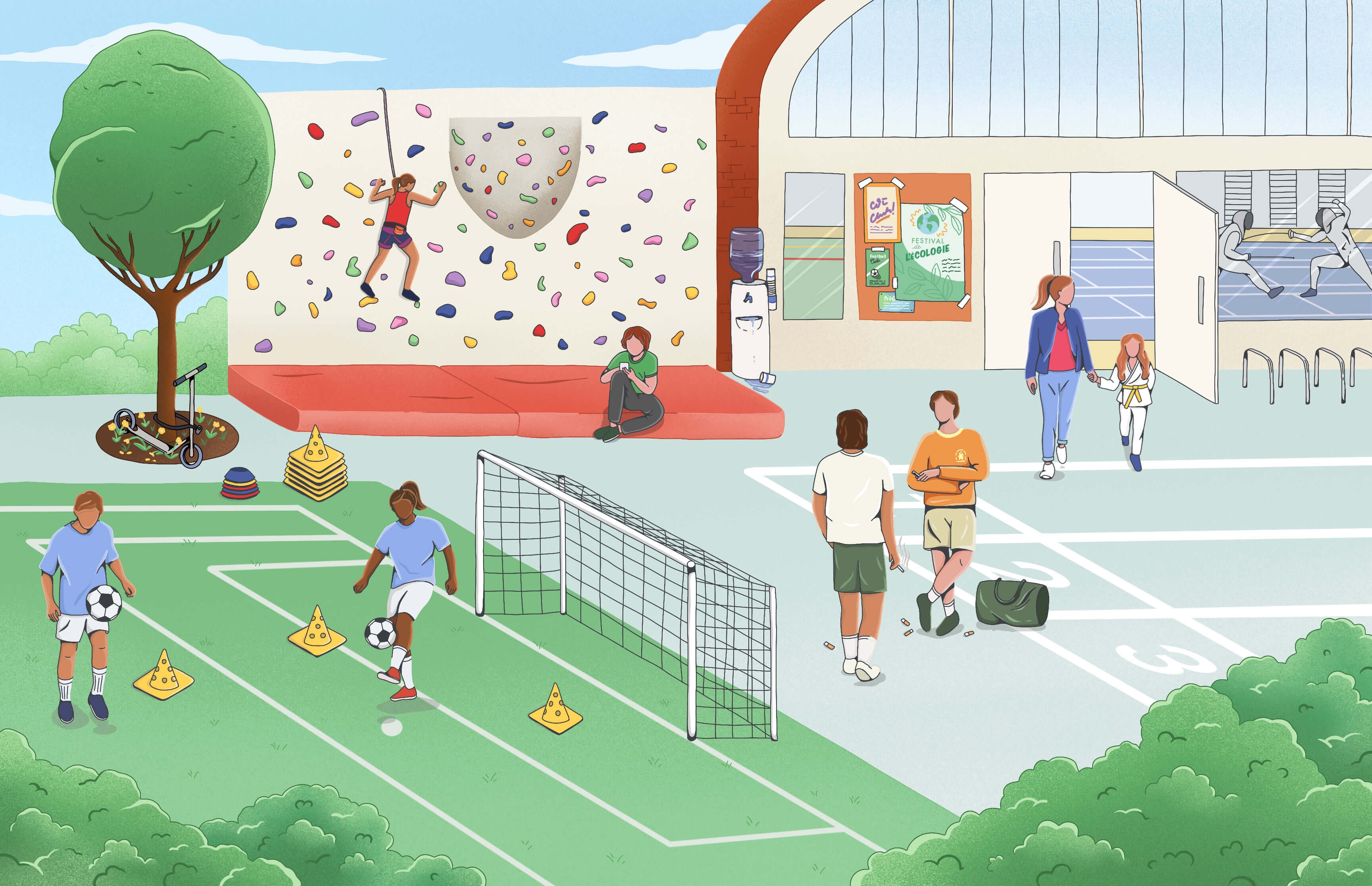 Dessin d'un stade et d'un gymnase avec des activités sportives